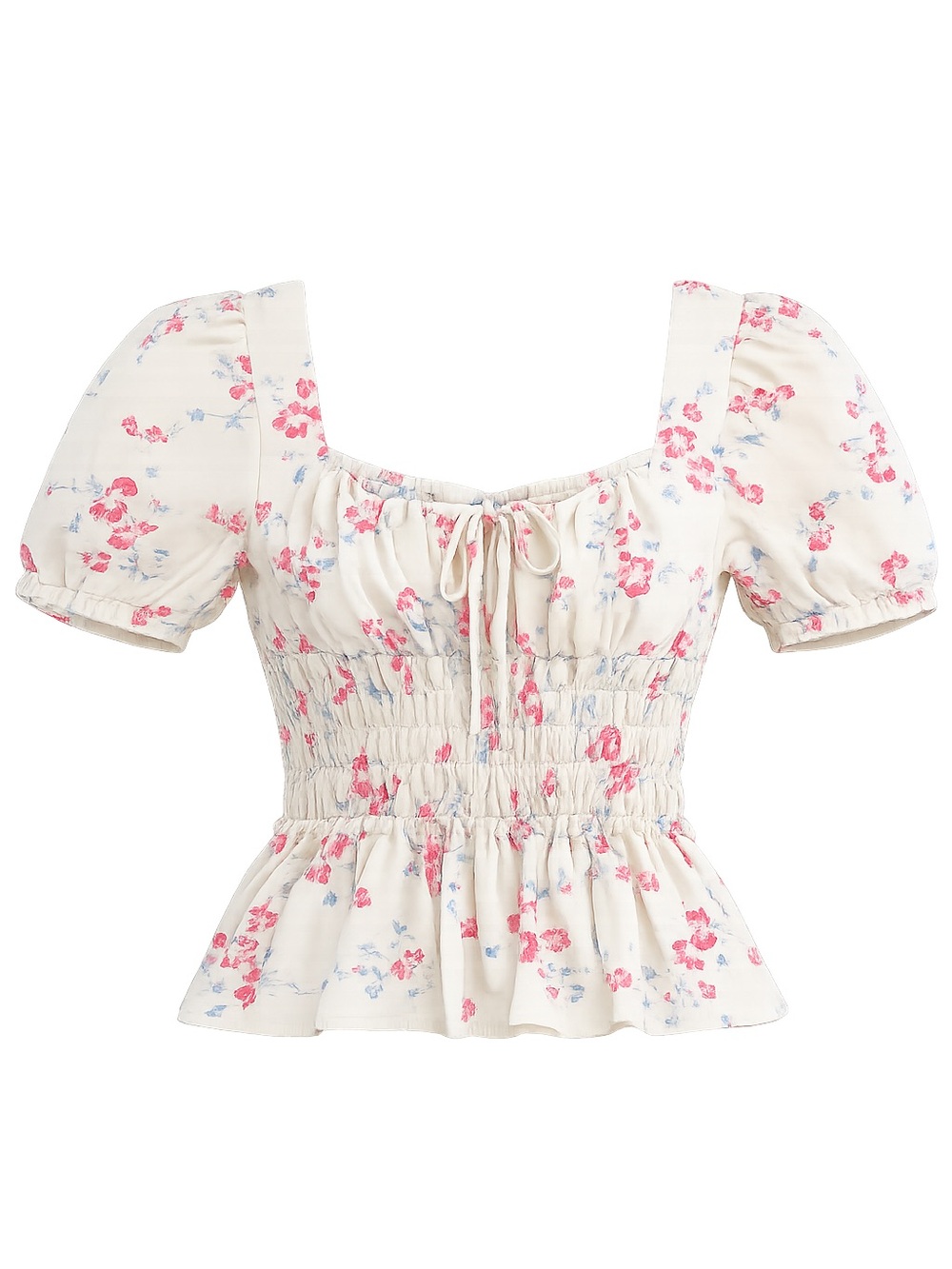 WAYF Floral Puff Sleeve Smocked Peplum Top XS Cottagecore Coquette
